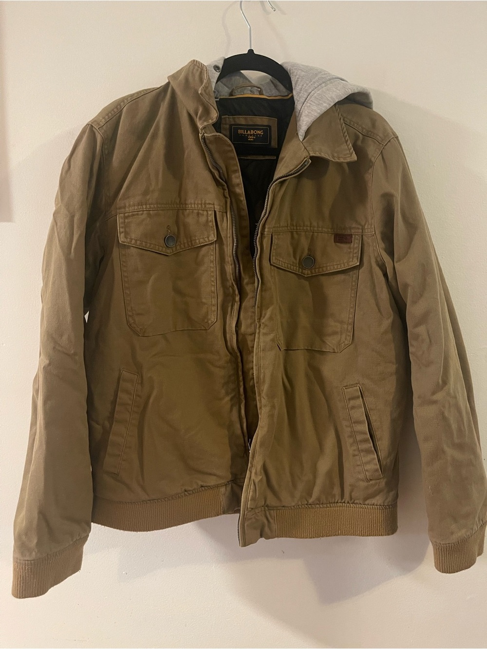 Y2K Billabong Men's Tan Canvas Field Jacket with Grey Hood